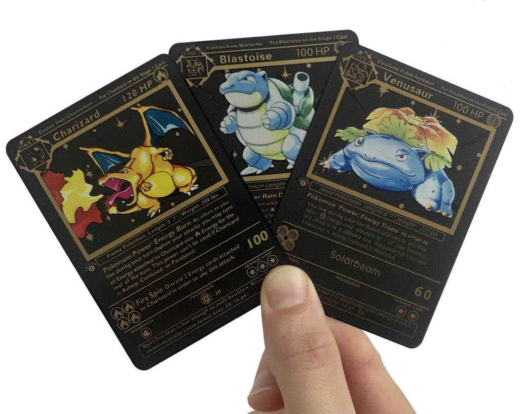 Charizard, Blastoise, Venusaur Base Set 1st Edition Custom Black Metal Pokemon Cards