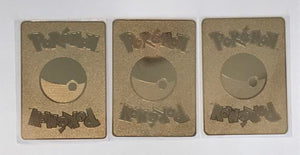 Back side of Charizard, Blastoise & Venusaur Shadowless 1st Edition Base Set Pokemon Cards. Gold metal Pokemon card hobby collectibles. Regular card size and beautiful to the eye.