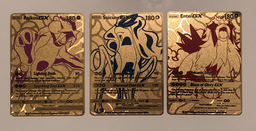 Raikou, Entei and Suicune Full Art Custom Metal Pokemon Cards