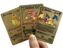 Load image into Gallery viewer, Charmander, Charmeleon and Charizard Base Set Custom Metal Pokemon Cards
